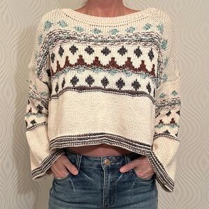 Zara Sweater Cream with Metallic & Regular Threads of Brown Blue Boxy Cut SMALL